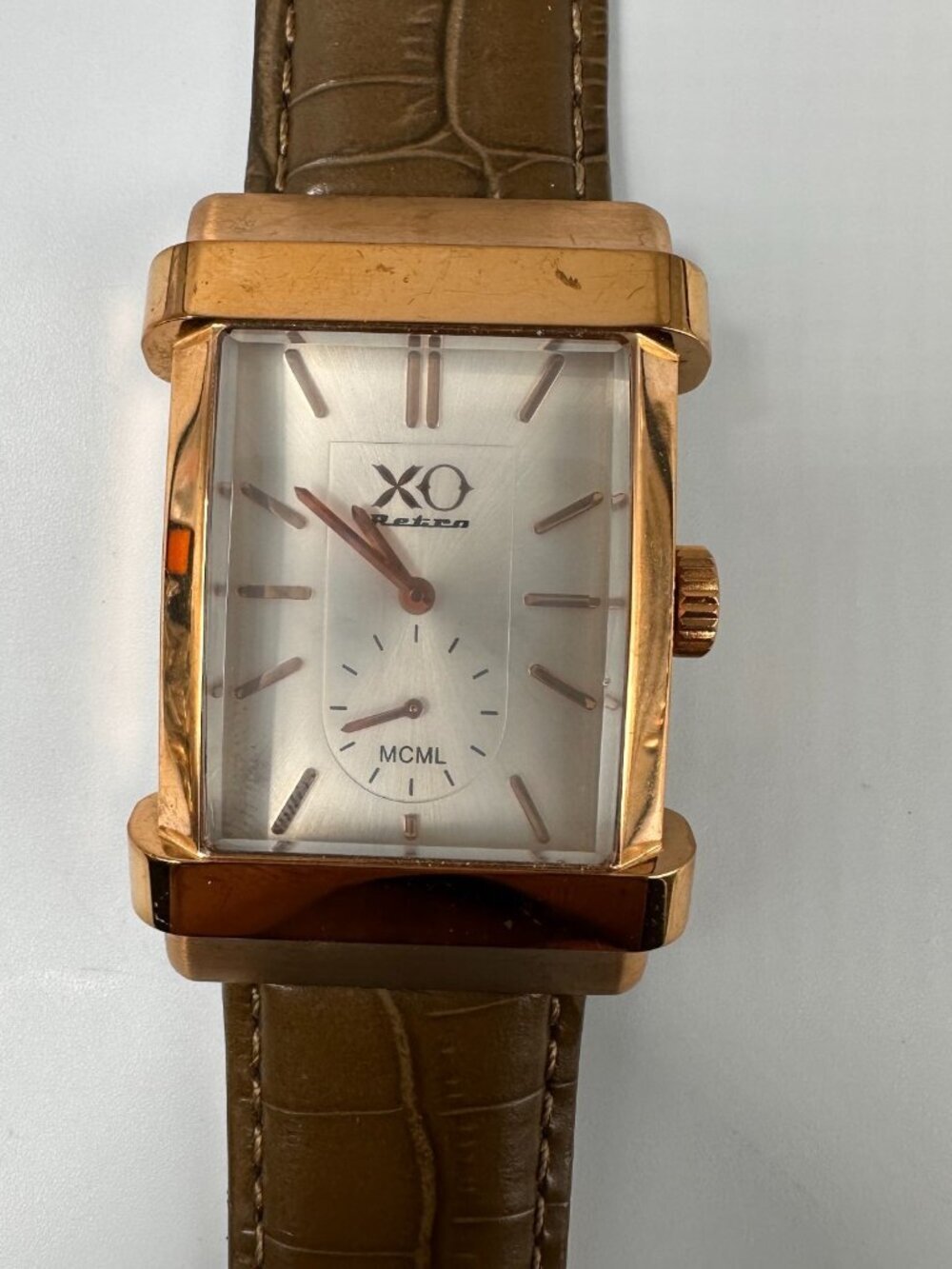 XO Retro MCML Watch Mens Rose Gold Tone Green Leather Band New Battery 9.5"